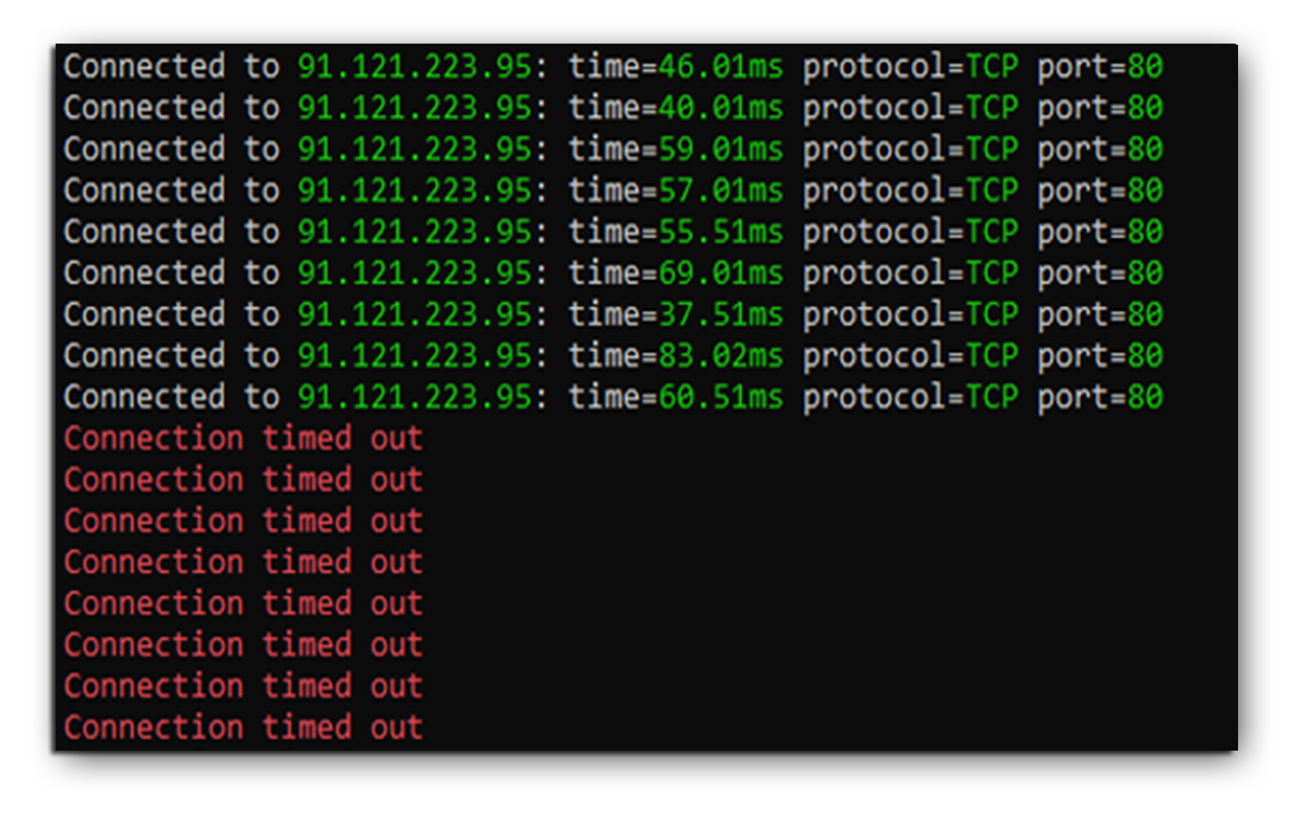 TCP bypass stress testing methods showing connection timeouts
